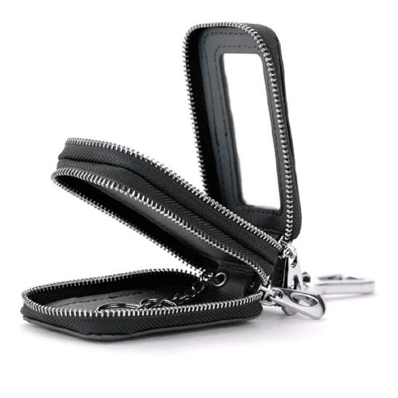 BAKUN Two-Sides Mini Genuine Leather Car Key Chain Holder Wallet Case, Key Holder Key Organizer Wallet(Black) - Image 1